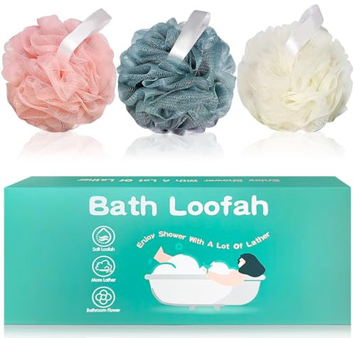 Amazerbst loofah Shower Puff for Women and Men, Soft Body Scrubber Bath Sponge Set of 3 (Pink White Blue)