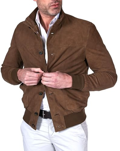D'Arienzo Bomber Veste Cuir Daim Taupe Homme Blouson Velours Cuir Véritable de Chèvre Alex Bottoni 50/L/Taupe