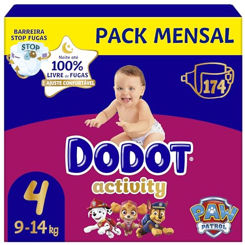 Dodot Pañales Bebé Activity, Talla 4 (9-14 kg),174 Pañales, Hasta 12h de Protección Antifugas y Ajuste, Pack Mensual