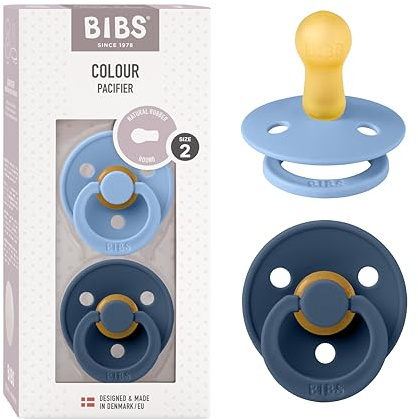 BIBS Colour Soother 2-Pack, BPA Free Dummy Pacifier, Round Nipple. Natural Rubber Latex, Size 2 (6-18 Months), Sky Blue/Steel Blue