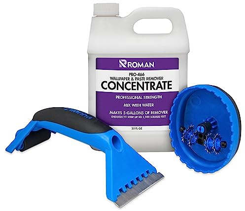 ROMAN Wallpaper Removal Kit - Concentrate (32 oz), Perforating Scoring Tool, and Angled Scraper for Home Improvement - Yields 5 Gallons of Remover (1500 sq. ft Coverage)