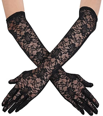 Yolev Lange Spitzenhandschuhe für die Braut Vintage Spitze Hochzeit Opern Gloves für Damen Kleidungs Zubehör (Schwarz)