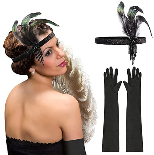 SHANHUHAI Flapper Stirnband Vintage 1920er Stirnband Schwarze Ellbogen Handschuhe Feder Stirnband Perlen Schwarzes Kopfschmuck Schwarze Lange Handschuhe Lange Abendhandschuhe 1920er Zubehör