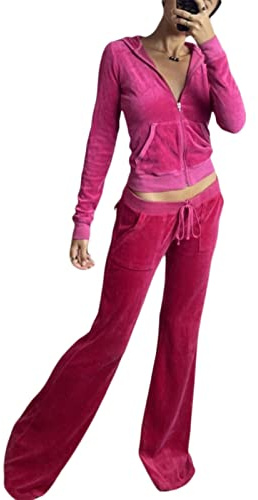 PDYLZWZY Conjunto de chándal de terciopelo para mujer de 2 piezas con diseño de corazón estampado de manga larga con cremallera y pantalones de chándal Y2K, Rosy Pants, S