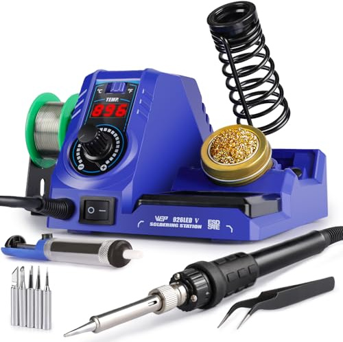 WEP Kit de station de fer à souder 926LED V3 avec fil à souder sans plomb, 5 pointes de soudure, nettoyeur de pointe, pincette, pompe à dessouder avec contrôle de la température, mode veille, fonction