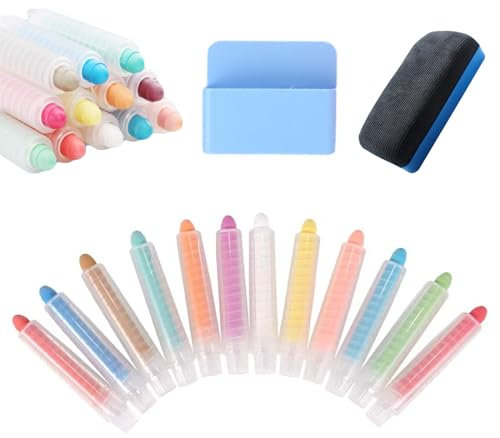 12Pcs Kids Dustless Chalk with Holder for Chalkboard Whiteboard Non-Toxic Colored Chalk with Magnetic Chalks Storage Holder and Blackboard Eraser Washable Drawing Chalks for Toddlers Children