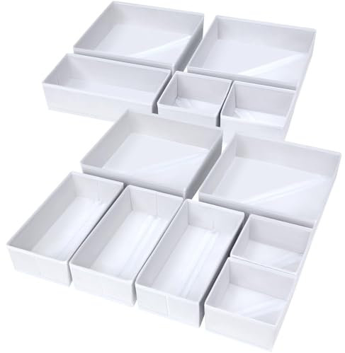 DIMJ Baby Clothes Organiser for Drawers - 12 Pack Fabric Wardrobe Storage Organiser Dresser Drawer Dividers Clothes Sock Storage for Bedroom,Desk,Wardrobe(White)