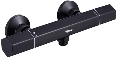 kelleria Rubinetto per doccia con termostato, miscelatore da parete, termostato, doccia con pulsante di sicurezza a 38 °C, valvola di protezione da scottature, in ottone, nero, beccuccio G1/2