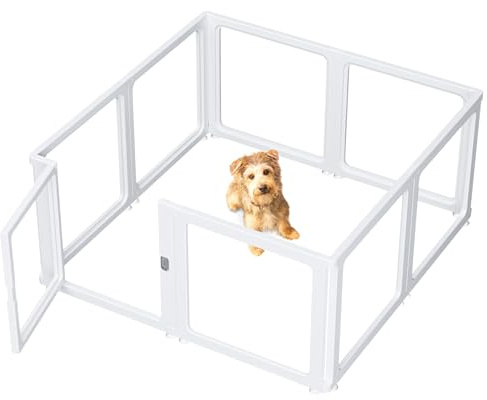 Citylife 120x120x60cmParc pour Chien, Parc Chien Transparent 7+1 Panneaux, Chiot Pliable avec Porte Verrouillable, Enclos Chat Lapin Interieur Extérieur, Blanc, Antidérapant