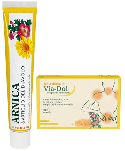Dr. Theiss - Kit Sollievo Articolazioni e Muscoli con Arnica & Artiglio del Diavolo - Via Dol Capsule 30 pz + Crema Gel Corpo 100 ml - Benessere Naturale per Collo, Spalle, Schiena