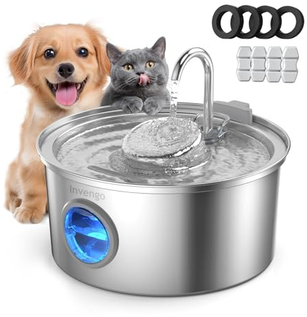 Invengo Fuente para Gatos Acero Inoxidable, 3,2L Bebedero Gatos Ultra Silencioso con Filtración de 5 Etapas - Ventana de Nivel y Diseño Fácil de Limpiar, Incluye 4 Filtros de Repuesto