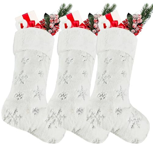 Vyqrx 3Pcs Christmas White Stocking with Silver Glitter Snowflakes, White Plush Xmas Stockings for Fireplace, Tree & Holiday Decor