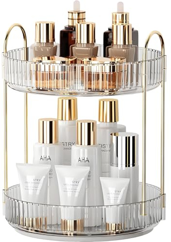 Makeup Organizer for Vanity 360 Rotating, Large Capacity Cosmetic Organisers for Lipsticks, Jewelry, Nail Care, Skincare, Perfume, Ideal Desk Organizer for Dresser, Bathroom and Kitchen(Clear, 2 Tier)