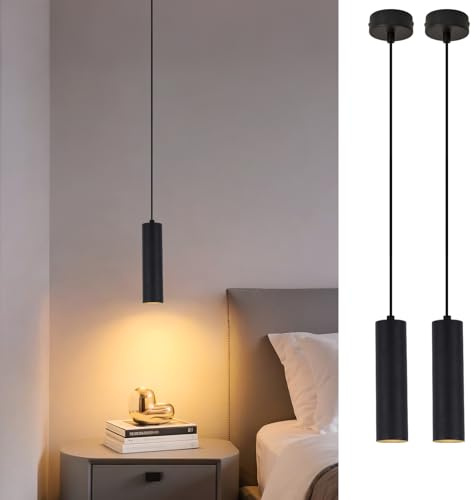 SXHZLY Pendelleuchte Schwarz, Hängelampe GU10 Zylinder mit 5W LED Leuchtmittel, Moderne LED Hängeleuchte für Schlafzimmer Nachttisch,Küche, Esstisch, Wohnzimmer Warmweiß 3000K (20cm 2Stück)