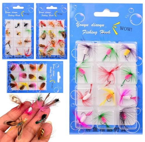 Lot de 48 appâts de pêche à la mouche - Accessoires de pêche pour la pêche - Appâts compacts en eau douce - Pour les pêcheurs en eau douce en mer, rivière, réservoir et étang - Pour papas et mari