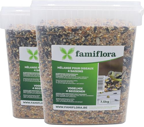 Famiflora Mélange d'oiseaux 4 saisons - 2 x seau de 7,5 kg - Aliment saupoudré complet - Riche en céréales et graines - Pack économique Oiseaux de jardin - Pour tous les oiseaux de jardin - Aliments