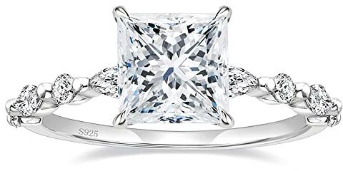 EAMTI 2CT 925 Sterling Silver Ring Princess Cut CZ Engagement Ring Marquise & Round Cubic Zirconia Wedding Band for Women Size 4.5