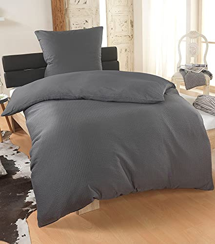 MALIKA® Bettwäsche Seersucker 155x220 mit 80x80 Kissenbezug | ÖkoTex Standard 100 | Fein Seersucker Bettwäsche aus Mikrofaser | Anthrazit