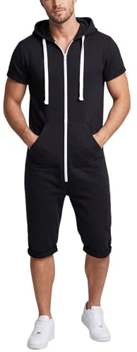 NOROZE Men's Casual Plain Full-Zip Hoodie One-Piece Jumpsuit Romper Cap-sleeve Overalls Fitness Sportswear Playsuit (S, Black)