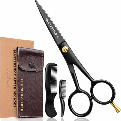 Beauty & Crafts 5” Professional Beard & Mustache Scissors for Men | German Stainless Steel Beard Trimming Shears with 2 Mustache Combs & Premium Pouch for All Facial Hair (Black)
