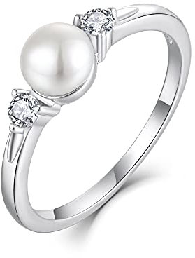 JO WISDOM Damen Ring Silber 925 mit 3A Zirkonia,Perlenring mit 7mm Süßwasserperle,Schmuck für Frauen