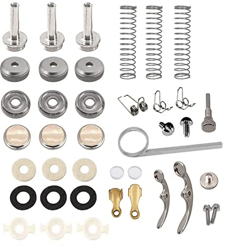 TUOREN 1Set Trumpet Repair Kit Trumpet Valve Finger Buttons Connecting Rods Valve Caps Piston Guides Spring Felt Washer Water Key Spit Valve Replacement 40Pcs, Silver