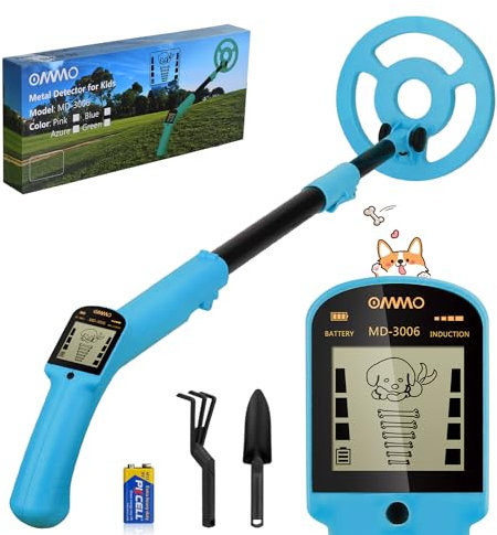 OMMO Metal Detector Kids, Adjustable Stem18.3''-37.8'' Metal Detectors with LCD Display, Lightweight Kids Metal Detector with 6'' Waterproof Search Coil, Beginners Gold Detector with Shovel and Rake