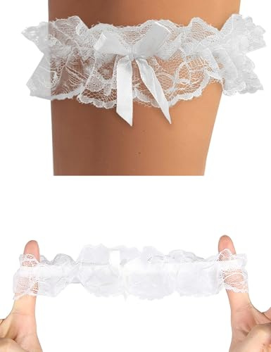 ohyeahlady Wedding Garters for Bride 2 Piece Sexy Floral Lace White Bridal Garters Stretch Garter Thigh Leg Ring Belt with Bow for Women Girls Cosplay Prom Party