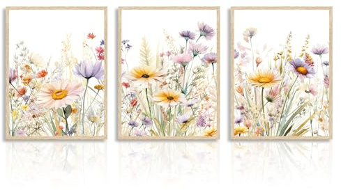 Dazzlewall 3Pcs Wildflower Wall Art Modern Floral Prints, Watercolor Botanical Wall Pictures for Bedroom Bathroom Living Room Decor 12x16 in Unframed