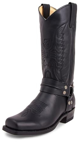 LMUIPMAA Hommes Bottes PU Cuir Équitation Moto Bottes Broderie Bottes Mi-Mollet Bout Carré Western Cowboy Biker Bottes,Noir,39 EU