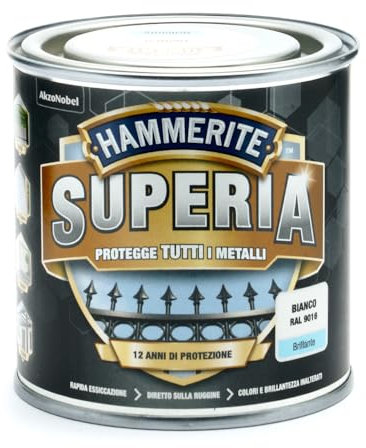 Hammerite Superia smalto metallo antiruggine interno e esterno, Brillante Bianco, 250 ml