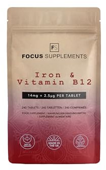 FS Iron B12 Fer | Complément Alimentaire Fers Haute Teneur | 240 Comprimés – 14mg de Iron et 2,5µg de B12 par Portion | Fer Bisglycinate Supplement | Sans OGM Sans Gluten