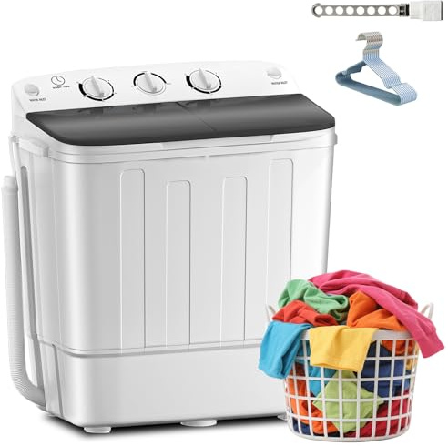 Erivess Portable Twin Tub 18lbs Washing Machine with Drying Rack and 10 Hangers, 11lbs Washer Mini Compact Laundry Machine with 7lbs Spinner, Semi-automatic Washer Combo for Dorms, Apartment