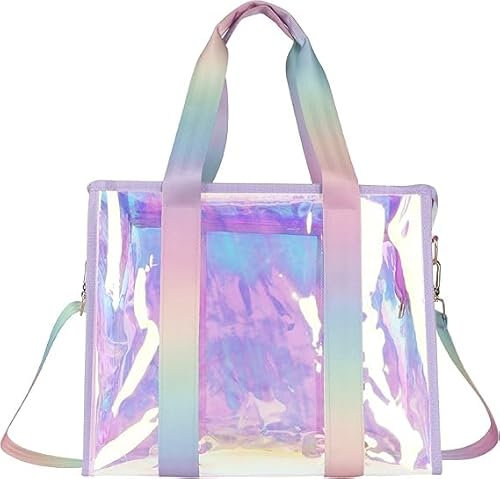 ACUSHLA Große Strandtasche für Damen mit Reißverschluss | Sanddichte, wasserdichte, kippsichere, schillernde, durchsichtige Umhängetasche für Strand, Pool, Reisen, Kreuzfahrt, Boot, Umhängetasche