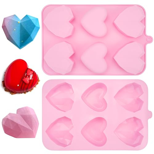 2 stycken silikonhjärtform, silikonform hjärtan, non-stick belagd hjärtform, silikonform i hjärtform, 6 tråg silikon bakform hjärta för pudding, silikonchoklad, gelé, hjärtkaka (rosa)