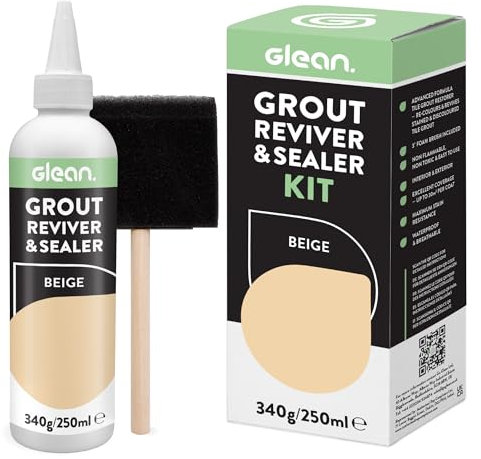 GLEAN Reviver y sellador de lechada | BEIGE | 340 g | restaura, repara, renueva la lechada de azulejos | Incluye cepillo de espuma | Resistente a las manchas y transpirable | Lechada de azulejos de