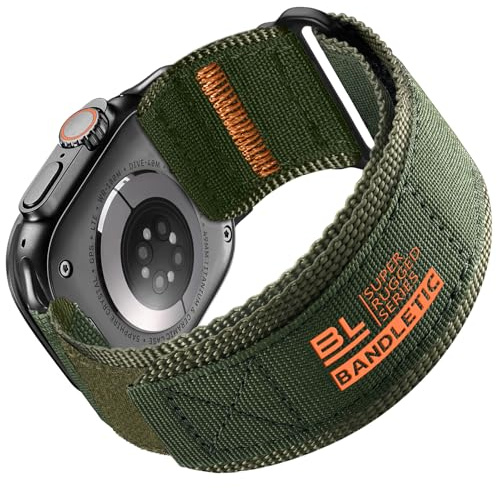 Bandletic Kompatibelt med Apple Watch Ultra 2/Ultra-armband 49 mm, kardborreband, nylon, sportloop, armband för iWatch Series 10 46 mm, 9/8/7 45 mm, SE2/SE/6/5/4 44 mm, 3/2/1 42 mm, för män och