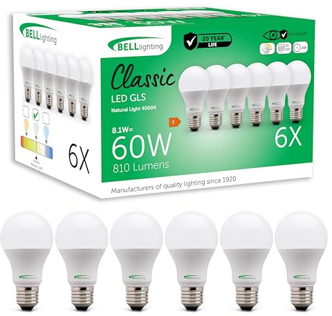 BELL Lighting E27 Edison Screw Cap Dimmable Light Bulb LED GLS 6 Pack | Natural White 4000K | 810 Lumen 8.1W | Energy Saving GLS LED Light Bulb | 60W Lamp Equivalent