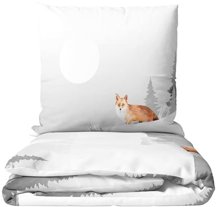 Leonado Vicenti Winter Fleece Bettwäsche 135x200 cm Winterbettwäsche 2 Teilig mit Fuchs & Naturmotiv Kuschelig Flauschiger Komfort Mit Reißverschluss