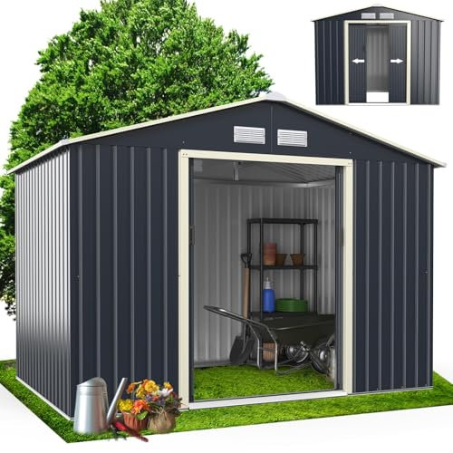 RELAX4LIFE Casetta da Giardino per Attrezzi, 277 x192x201cm, in Lamiera d'Acciaio e e Lamiera Zincata con Doppie Porte Scorrevoli, Tetto Inclinato, per Porta Attrezzi, Tosaerba (B)