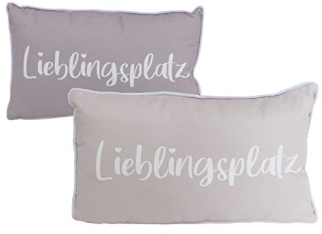 mucHome Lieblingsplatz Deko-Kissen 2er Set Hellbraun und Beige mit Schriftzug Dekokissen Länge 50cm