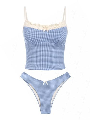 seamoly Set tankini grazioso da donna, costume da bagno a due pezzi in tessuto a quadretti con fiocco sul retro e slip con lacci laterali, M