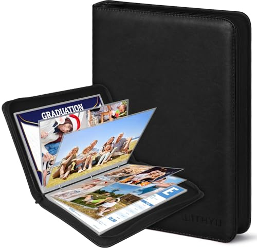 Álbum de Fotos A4 de Cuero PU con Fundas Transparentes Extraíbles - 30 Páginas (Tres Tipos de Bolsillos, Doble Cara) + Cremallera Impermeable - Para Fotos, Recuerdos de Bebé y Documentos (Negro)