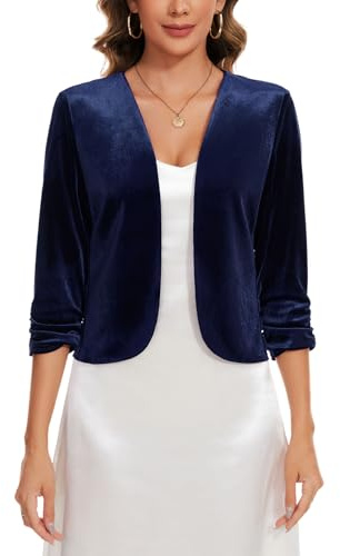 Women's Velvet Shrug Open Front 3/4 Sleeve Cardigans Day to Night, Navy S