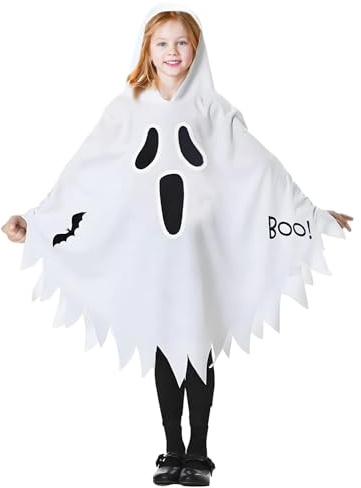 KOMEIYL Ghost Blanco Capa con Capucha, Disfraz de Fantasma de Halloween, Niños Terror y Fantasma Disfraz, Fantasma Niño Brilla en la Oscuridad, Aplica Decoración Festiva y Creación Ambiente (M)