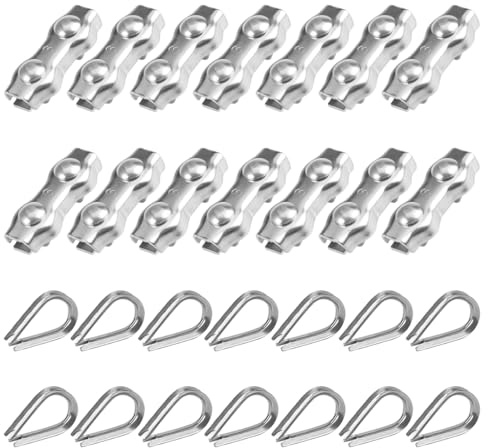 14 Pezzi M3 Morsetto per Fune Metallica e 14 Pezzi Ditale M3, Morsetti per Filo Stendibiancheria, Morsetto Duplex in Acciaio Inox 304 per Fune Metallica da 3 mm, Cavi, Patio e Vele da Sole