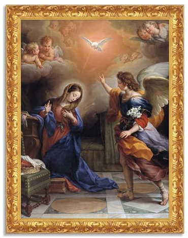LuxHomeDecor Carlo Maratta - Annunciazione - Quadro stampa su tela effetto dipinto con cornice in legno oro classico - 80x60 cm