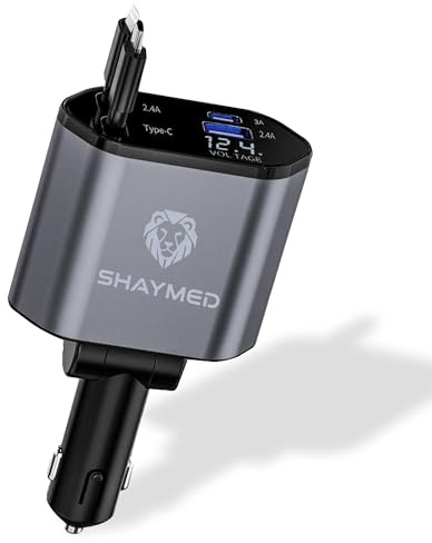SHAYMED Cargador Coche Retráctil 120W Carga Rápida, Adaptador Mechero Plegable 180° 4 en 1 con 2 Cables (Tipo C y Lightning) y Doble USB, Accesorios compatible con Apple, Samsung, Camper, 12V/24V Gris