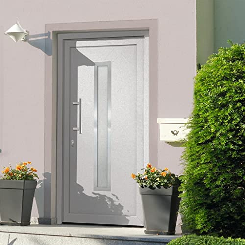 RuiNingRN Puerta de entrada blanca 98 x 200 cm con marco de PVC, 5 puntos de bloqueo, umbral de aluminio, acristalamiento aislante, bisagras 3D, incluye juego de asas, cilindro perfilado, cinta de