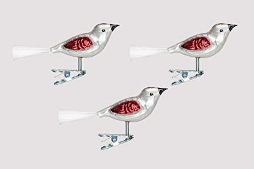 Christbaumschmuck Glas Vogel Set 3 Stück Silber/Rot H mundgelasen Lauscha